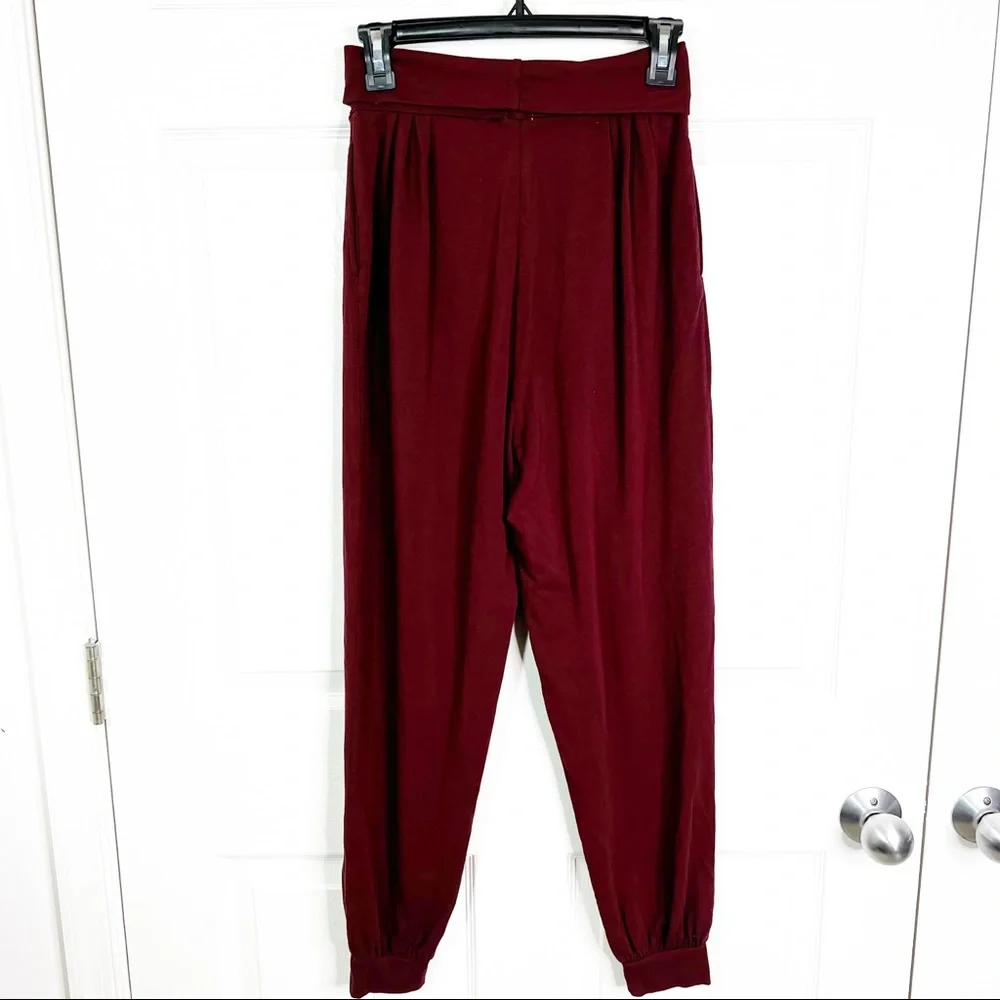 Hello Nite! Jersey Knit Wide Leg High Waisted Fold Down Jogger Pants Wine Sz S - Picture 4 of 6